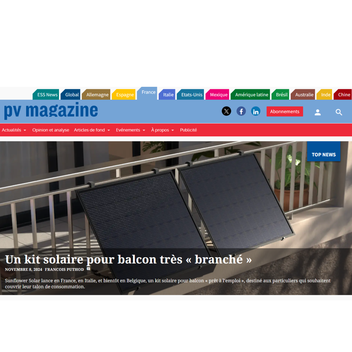 Article PV Magazine sur les kits solaires pour balcon Sunflower Solar