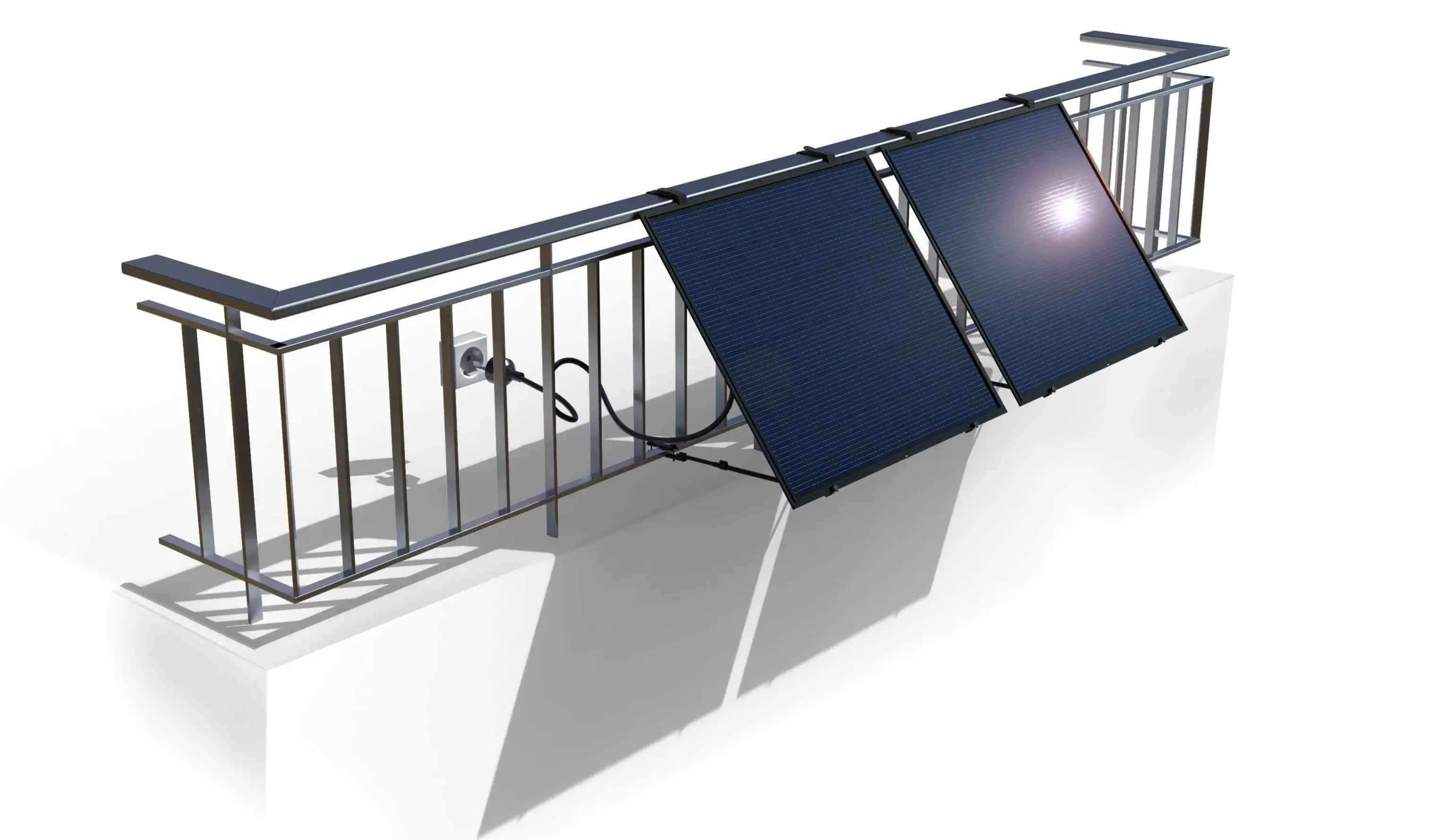 Een balkon met een stekker zonnepaneel van Sunflower Solar tegen een witte studiobackground, perfect voor demonstratie en productpresentatie.