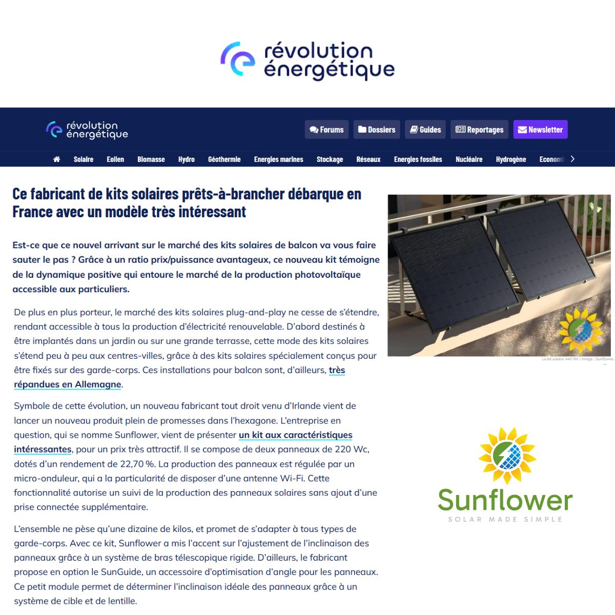Article de presse de révolution énergétique sur les kit solaire pour balcon Sunflower Solar